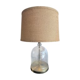 Vintage Glass Cloche Table Lamp With Brass Base & Burlap Shade Tested Working