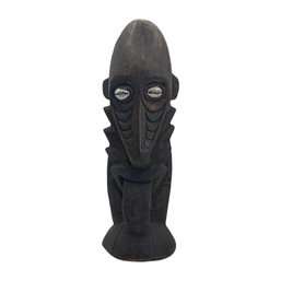 Hand-Carved Tribal Style Wood Figure With Shell Eyes  Striking 12' Sculpture