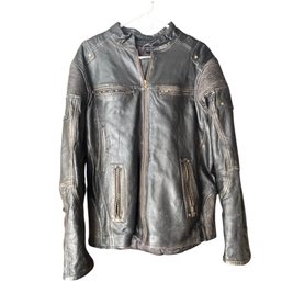 Mens Black Leather Moto Jacket  Size XL With Zip Pockets & Ribbed Panels