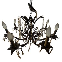 Antique Beaded Brass Chandelier With Leaf Motifs & Amber Crystal Garlands:  Old World Elegance