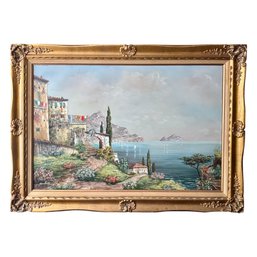 Signed Sandini Mediterranean Coastal Village Landscape Oil Painting In Ornate Gilt Frame