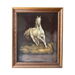 Vintage Velvet-Style Horse Painting In Ornate Gilt Frame
