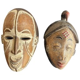 Pair Of Authentic African Carved Wood Masks  Hand-Painted, 12' & 14'