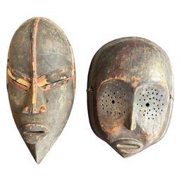 Pair Of Vintage African Carved Wood Masks  Earth-Tone Patina, 10' & 12'