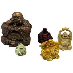 Laughing Buddha Figurine Collection  Mixed Materials  Tallest 5'