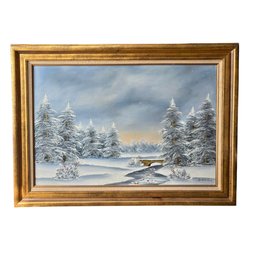 Large Winter Landscape Painting With Snowy Pines & Stream In Gilt Frame