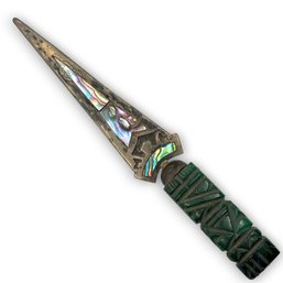 Mexican Abalone Inlay Letter Opener With Carved Green Stone Handle