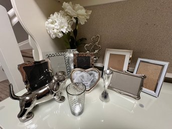 Generous Decor Lot, Photo Frames, Nambe Candlestick, Ceramic Silver Colored Dog,