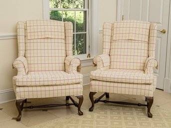 Very Nice Pair Of Queen Anne Wing Back Chairs With Creamy Windowpane / Plaid Fabric