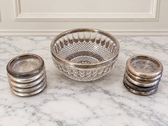 Vintage Heavy Clear Cut Crystal Bowl W/Silver Plate Rim And Set Of 10 Silver-rimmed Glass Coasters