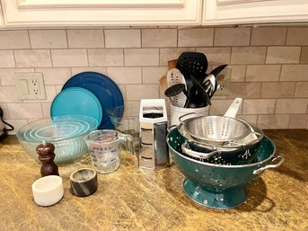 Pyrex Ribbed Nesting Bowls, Kitchen Utensils, Assortment Of Sieves, Gratter & Measuring Cups