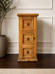 Rustic Pine Three-Drawer Narrow Cabinet With Iron Ring Pulls