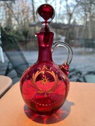 Cranberry Decanter, Decorated By Hand, Moser Style