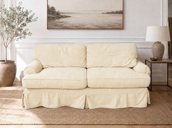 Slipcovered Two-cushion Sleeper Sofa In Pale Yellow Corduroy Fabric