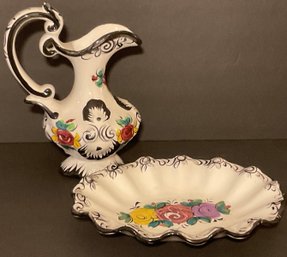 Vestal Portugal Pottery, Hand Painted Pitcher & Scalloped Plate