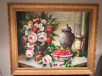Unsigned Oil On Canvas, Floral Bouquet With Cherries And Urns