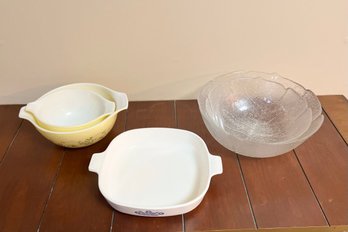 2 Vintage Yellow Pyrex Bowls, Vintage Corning Ware And Two Glass Salad Bowls