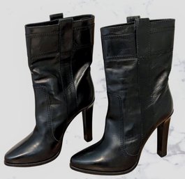 Sensational Tania Spinelli Designer Black Leather Mid Calf High Heel Boots (size 37)