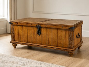 Lovely Rustic Metal Strapped Blanket Chest With Plank Siding And Carved Accents Throughout