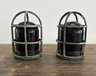 Pair Of Vintage Oxidized Copper Cages With Thick Amber Glass Lamp Covers
