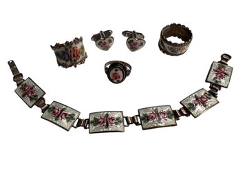 Vintage Sterling Silver Guilloche Enamel Roses Rings,  W/religious Bracelet, Cuff Links