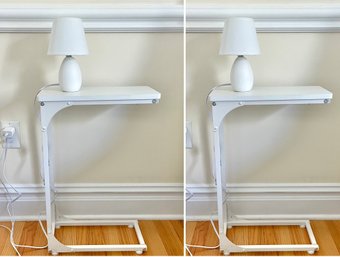 Pair Of Narrow White Nightstands With Mini White Lamps
