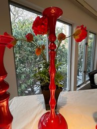 Blenko Crackle Glass Vase, Wooden Candlesticks, Floral Arrangement