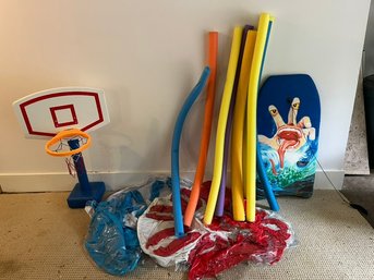 Pool Toys Noodles, Surf Board, Basketball Hoop