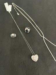 Silver Heart Pendent Necklace, Ann Taylor Loft Silver Necklace & 2 Vintage Rings