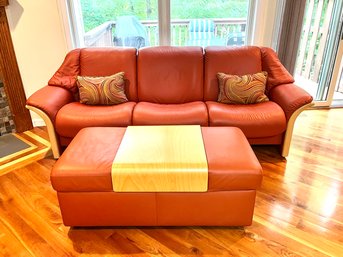 Stressless Comfort Collection Leather Sofa & Ottoman In Terracotta