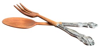 Vintage Sterling Silver & Wood Salad Serving Set