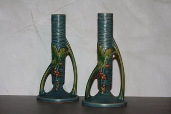 Vintage Roseville Blue Blueberry Bud Vase Set Of 2