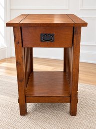 Mission Or Arts And Crafts Style Slatted Wood Side Table With A Dark Line Inlay Design