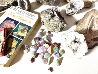 Bucket Full Of Geodes & Crystals And Minerals & Assorted Quartz With Book