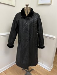 Chevron Stripped Long Leather Coat With Fur Trim M/L 41'
