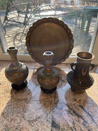 Brass And Enameled Cloisonne Vases, Colorful And Bright, Tray For Serving, Or Decor