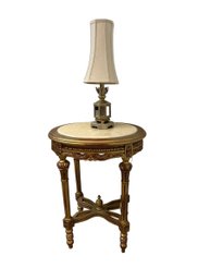 Vintage Oval Marble Top & Wood Base Side Table & Tin & Wood Lamp