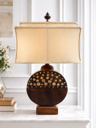 Decorative Wooden Table Lamp With Inlaid Pattern Base And Silk Shade - Westport