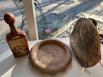 Ceramic Vase, Ceramic Ash Tray, Leather Covered Bottle