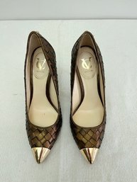 Vero Cuoio Bronze/gold Woven Leather High Heels Size 7.5