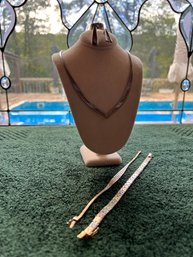 Sterling Silver Tricolor Suite Of Necklace, 2 Bracelets, Ring And Earrings, Weighs 30.5 Dwt