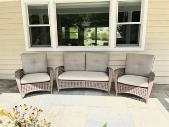 Highland Dunes Wicker Patio Sofa, Two Chairs & Coffee Table