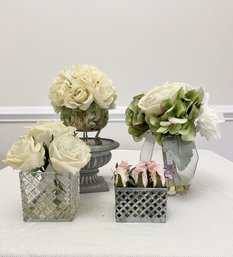 Four Faux Rose Arrangements In Vases & Metal Vessels