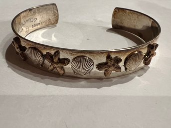 Sterling Silver Scallops And Starfish Cuff Bracelet, Signed Courtney