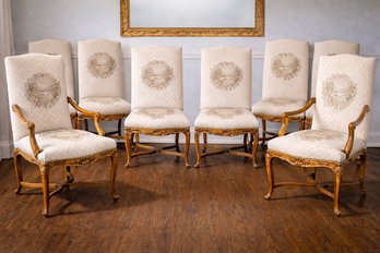 19th C. French Provincial Style Carved Walnut Formal Dining Chairs With Scenic Medallion Printed Upholstery