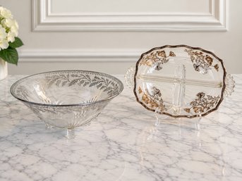Vintage Glass With Silver Overlay Footed Bowl And Divided Relish Or Veggie Tray