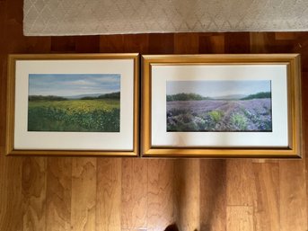 Pair Of Framed Landscape Fields, With Gilt Frames,lavender And Sunflowers