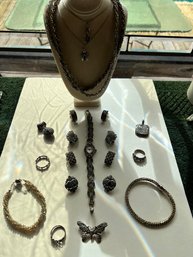 Marcasite With Mother Of Pearl, Quartz Beads, In Sterling Silver