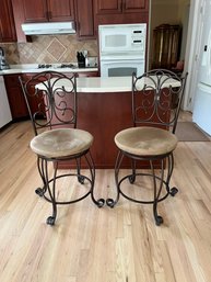 Set Of 4 Wrought Iron Barstools With Faux Suede Upholstery