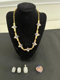 Gold Toned Necklace With Blue Stone & Rhinestones, Pendent With Matching Earrings & Glass Heart